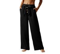 Pantalones Anchos Mujer Verano con Bolsillo Color Liso - Moda Mujer Verano 2026 Pants con Cordón Fluido Suave, Pantalones De Lino Chic Transpirable Pants Vacances Travail Negro XL