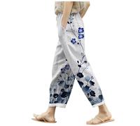 Pantalones Anchos, Pantalones De Lino De Verano para Mujer Holgados con Bolsillos Cintura EláStica Pernera Ancha Estilo Retro Literario Color Liso Casuales Estilo Noveno