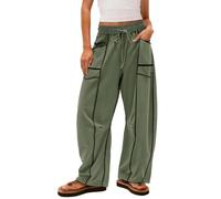 Pantalones anchos para mujer, holgados, con contraste de color, pantalones de pierna ancha, pantalones de barril de cintura alta con goma elástica, holgados, pantalones de ocio, modernos, pierna ancha