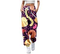 Pantalones blancos elegantes con cintura larga elástica Legging diario con estampado floral pantalones tamaño danza, Dark Purple-b, L