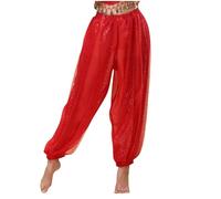 Pantalones bombachos para mujer, pantalones harén de danza del vientre, elegante, chifón, tribal, árabe, pantalones brillantes, sueltos, para danza del vientre, yoga, pilates, zumba, O rojo., L