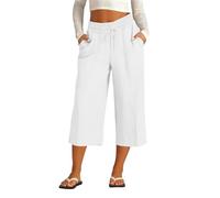 Pantalones capri de lino de cintura alta para mujer, con cordón, pierna ancha, recortados, casuales, para verano, vacaciones en la playa, blanco, S