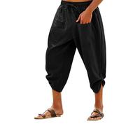 Pantalones capri de lino para hombre, pantalones 3/4 con cordón, de algodón, casual, playa, yoga, hippie, tailandés, cintura elástica, cómodos, transpirables, informales, para vacaciones, Negro, 3XL