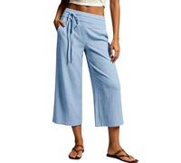 Pantalones Capri de Lino para Mujer, de Pierna Ancha, Cintura elástica y (Light Blue,S)