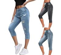 Pantalones capri de mezclilla para mujer, pantalones cortos de mezclilla clásicos rasgados, pantalones de mezclilla de cintura alta, pantalones de mezclilla básicos de longitud 3/4, jeans ajustados
