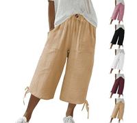 Pantalones capri de pierna ancha para mujer, pantalones de lino recortados para mujer, pantalones de longitud 3/4, cintura elástica, ajuste relajado, pantalones de lino de algodón, pantalones ligeros