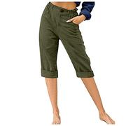 Pantalones capri de verano para mujer, de algodón y lino, pierna recta, pantalones cortos de cintura alta, pantalones casuales con bolsillos, #G04-verde militar, Small