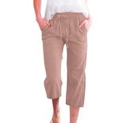 Pantalones capri para mujer de lino de algodón 2026, primavera y verano, pierna recta, casual, sueltos, con cordón y cintura elástica, Raíz de loto rosa., M