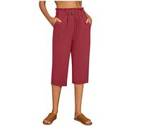 Pantalones capri para mujer de verano, elásticos, elegantes, muselina, pantalones cortos de lino, pantalones de verano 3/4, pantalones de playa con goma elástica, pantalones de chándal con bolsillos