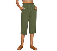 Pantalones capri para mujer de verano, elásticos, elegantes, muselina, pantalones cortos de lino, pantalones de verano 3/4, pantalones de playa con goma elástica, pantalones de chándal con bolsillos
