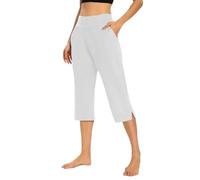 Pantalones capri para mujer, informales, elásticos, de cintura alta, con bolsillos y detalle de botón para uso diario, blanco, S