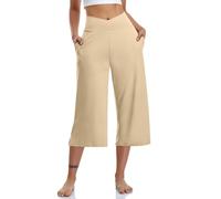 Pantalones capri para mujer, pantalones casuales de pierna ancha, pantalones de yoga, leggings cruzados, control de abdomen, cintura alta, pantalones cortos acampanados, caqui, S