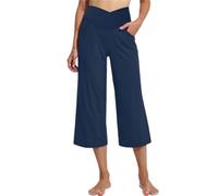 Pantalones capri para mujer, pantalones casuales de pierna ancha, pantalones de yoga, leggings cruzados, control de abdomen, cintura alta, pantalones cortos acampanados, azul oscuro, M