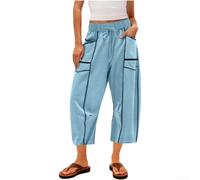 Pantalones capri sueltos de pierna ancha para mujer con cordón en la cintura, pantalones casuales de verano de color sólido para la calle, uso cómodo, grosor regular (M, azul claro)