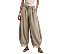 Pantalones capris de verano elásticos de encaje 3/4 para mujer, cómodos, holgados, beige, S