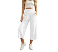 Pantalones capris informales de verano para mujer, cintura doblada, tejido suave similar al algodón, elástico, cómodo, 7/8, pantalones de ocio, pantalones de playa de lino con bolsillos, Blanco, S