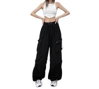 Pantalones cargo de pierna ancha con cordón para mujer, cintura alta, ajuste holgado, estilo paracaídas, estilo Y2K, pantalones para exteriores, Negro, XXL