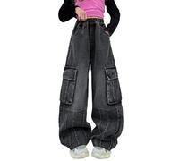 Pantalones cargo negros para niñas, con bolsillos funcionales, pantalones vaqueros para trabajo, cintura elástica, cómodos, bolsillos grandes, pantalones retro de pierna ancha, holgados, casuales para