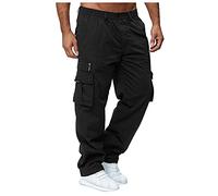 Pantalones cargo para hombre, de corte regular, de un solo color, rectos, anchos, para el tiempo libre, funcionales, para correr, para actividades al aire libre, con muchos bolsillos, Negro , L