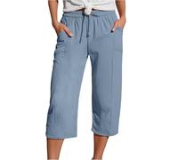 Pantalones cargo para mujer, con cinturón, formal, con cinturón, cintura expandible, con botones, cómodos, para viajes, lino chino, azul, M