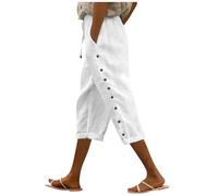 Pantalones Casuales Capris versátiles con decoración de Botones Laterales Sueltos con Cintura elástica de Color sólido de Verano para Mujer (White, S)