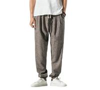 Pantalones casuales de algodón y lino para hombre, estilo hong kong, estilo chino, marrón, L