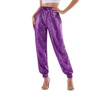 Pantalones casuales de cintura alta con lentejuelas para viajar, Morado (, M