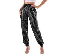 Pantalones casuales de cintura alta con lentejuelas para viajar, Negro, L