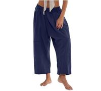 Pantalones casuales de cintura baja para mujer, color liso, con aspecto de lino, pantalones capri con bolsillos, longitud de nueve cuartos, diseño cómodo y versátil, ideal para salidas diarias o citas