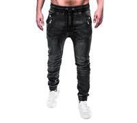 Pantalones casuales de moda para hombre, cintura recta, color liso, jeans Little House Big, Negro, XXL