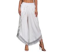 Pantalones casuales de pierna ancha para mujer, bohemios de crochet, borlas, pantalones de playa de lino de verano, capris elásticos de cintura alta, pantalones con abertura lateral (blanco, S)