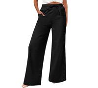 Pantalones casuales de pierna ancha para mujer, pantalones de lino de algodón, pantalones palazzo, pantalones de descanso, pantalones de descanso con cordón elástico en la cintura con bolsillos