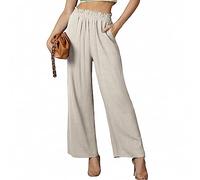 Pantalones Casuales Mujer Pierna Ancha Pantalones de Lino de Algodón Elástico Cintura Suelta Cómodo Pantalones Largos de Salón Sólido Pantalones Palazzo Verano Playa Rectos Ligeros Yoga Pantalon A S