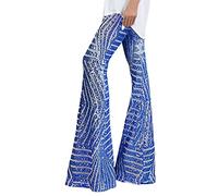 Pantalones casuales para mujer, con lentejuelas, pierna ancha, a la moda, brillantes, cintura alta, acampanados, pantalones largos para bailar, ropa de fiesta, azul, XL