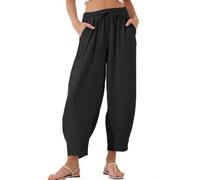 Pantalones casuales para mujer de cintura alta sueltos para ajuste con cordón y bolsillos para verano, playa, vacaciones, poliéster de longitud regular (negro L)