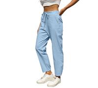 Pantalones casuales para mujer de lino liso con cordón, cintura elástica, ajuste estrecho, pantalones largos cónicos, pantalones largos negros elásticos para mujer, azul claro, M