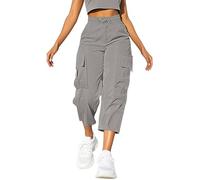 Pantalones casuales rectos de color liso para mujer, con bolsillos sueltos, cintura elástica, bolsillos holgados, pantalones cargo de 3/4 de longitud para mujer, gris, XXL