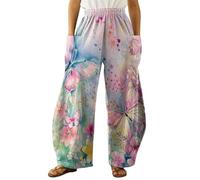 Pantalones Casuales Sueltos para Mujer con Bolsillos Laterales Boho con Mariposas y Flores en impresión 3D Pantalones de Verano Boho de Cintura Alta y Pierna Ancha