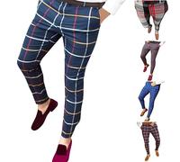 Pantalones chinos ajustados para hombre, pantalones de golf a cuadros, pantalones inteligentes ajustados de pierna cónica, pantalones clásicos, pantalones de vestir de frente plano, pantalones