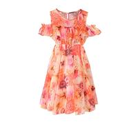 Pantalones con cadena Vestido informal para niña, cuello redondo, manga corta, estampado floral fluido, vestido de verano liso para niña, rojo, 3-4 años