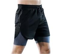Pantalones Corto Hombre Deportivos Chándal Color sólido Gym Transpiración Short Compresión Interna 2 en 1 Doble Capa Secado rápido Elásticos Correr Fitness Bolsillos Pantalones Corto