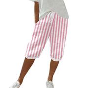 Pantalones cortos a rayas, pantalones de lino para mujer, pantalones con cordón, cintura elástica, cintura alta, ajuste regular, pantalones casuales, pantalones deportivos ligeros, hasta la rodilla