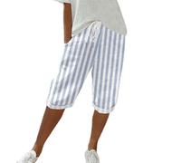 Pantalones cortos a rayas, pantalones de lino para mujer, pantalones con cordón, cintura elástica, cintura alta, ajuste regular, pantalones casuales, pantalones deportivos ligeros, hasta la rodilla