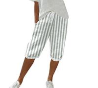 Pantalones cortos a rayas, pantalones de lino para mujer, pantalones con cordón, cintura elástica, cintura alta, ajuste regular, pantalones casuales, pantalones deportivos ligeros, hasta la rodilla