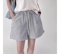 Pantalones cortos a rayas para mujer con cordón elástico en la cintura suelta diseño de pierna ancha cómodos pantalones de playa casual ropa de calle para uso diario azul (L azul)