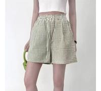 Pantalones cortos a rayas para mujer con cordón elástico en la cintura suelta diseño de pierna ancha cómodos pantalones de playa casual ropa de calle para uso diario azul (L verde claro)