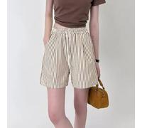 Pantalones cortos a rayas para mujer con cordón elástico en la cintura suelta diseño de pierna ancha cómodos pantalones de playa casual ropa de calle para uso diario azul (L café)