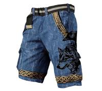 Pantalones cortos cargo con estampado de mitología nórdica para hombre, shorts utilitarios resistentes con múltiples bolsillos, ideales para senderismo y camping al aire libre, talla L (Blue, L)