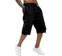 Pantalones cortos cargo de algodón para hombre, cintura elástica, pantalones capri hasta la rodilla con múltiples bolsillos, Negro, 50