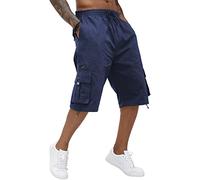 Pantalones cortos cargo de algodón para hombre, cintura elástica, pantalones capri hasta la rodilla con múltiples bolsillos, azul marino, 50